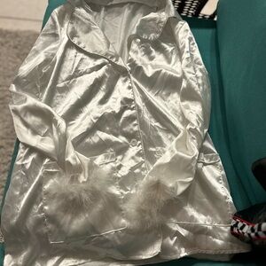 White Satin Nightshirt with Feather Cuffs